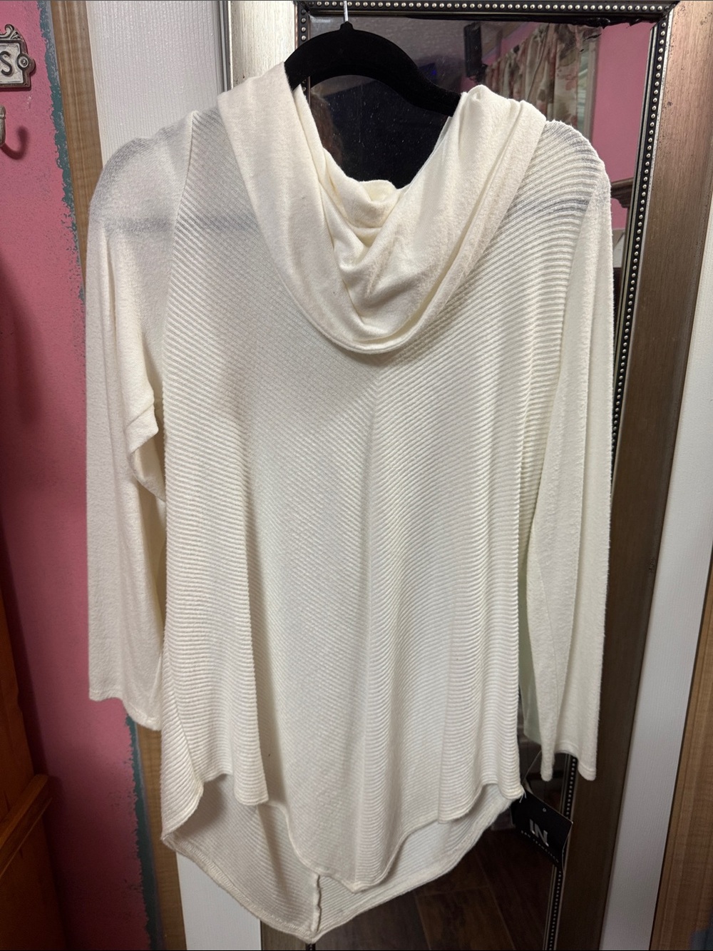 I.N. San Francisco Cream Hooded Ribbed Tunic Sweater